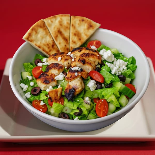 Grilled chicken salad with lettuce, tomatoes, cucumbers, olives, feta, and pita bread.