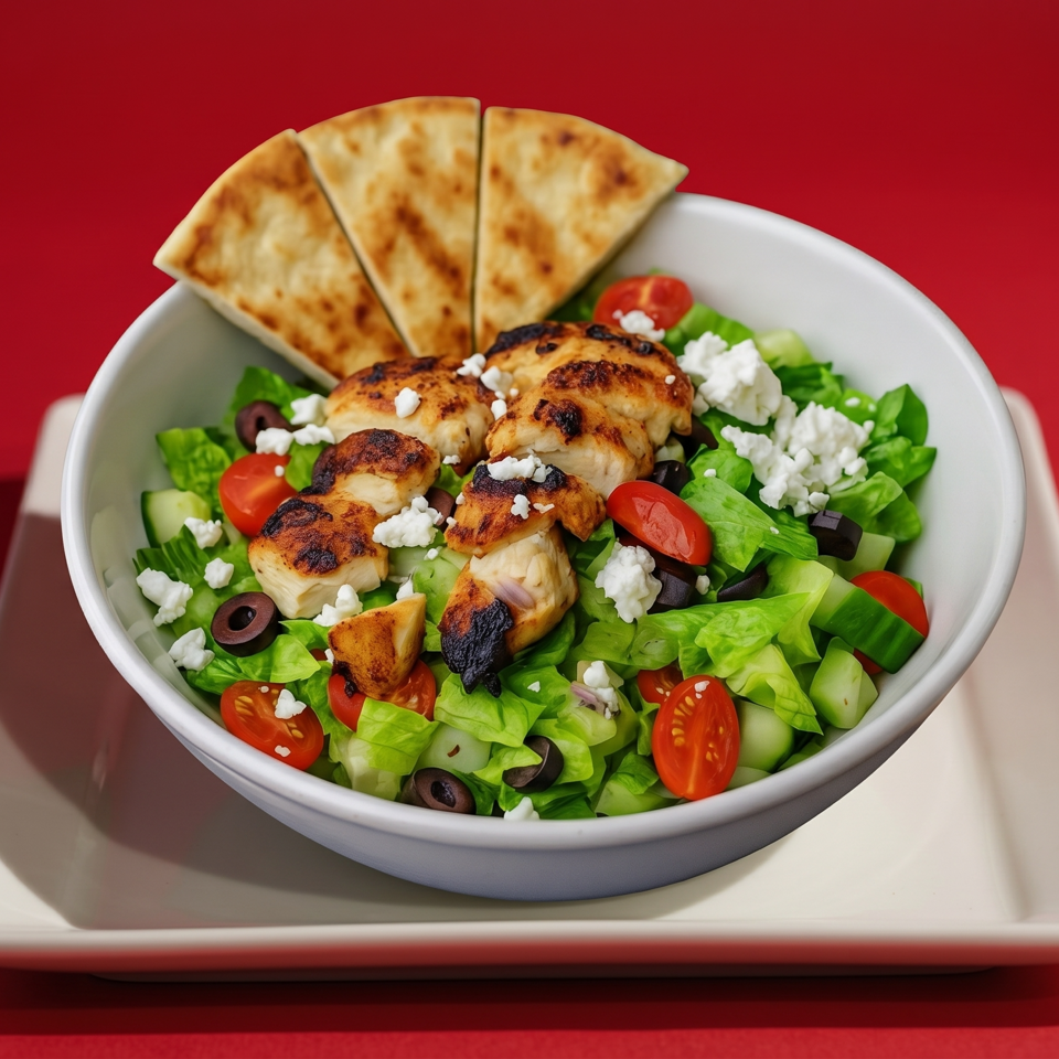 Grilled chicken salad with lettuce, tomatoes, cucumbers, olives, feta, and pita bread.