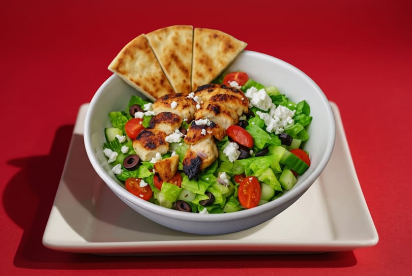 Grilled chicken salad with lettuce, tomatoes, cucumbers, olives, feta, and pita bread.