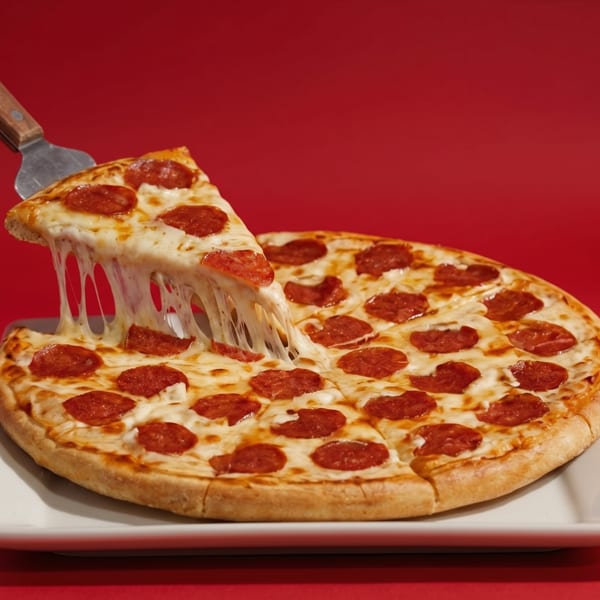 A pepperoni pizza on a white plate with a slice being lifted, showing melted cheese stretching.