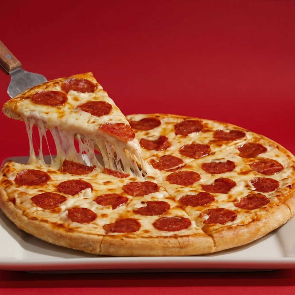 A pepperoni pizza on a white plate with a slice being lifted, showing melted cheese stretching.