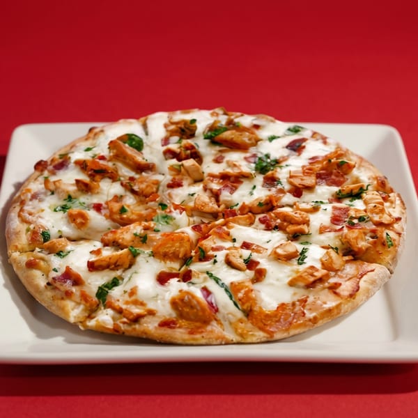 A round flatbread pizza with melted cheese, chicken, bacon, and herbs on a white plate.