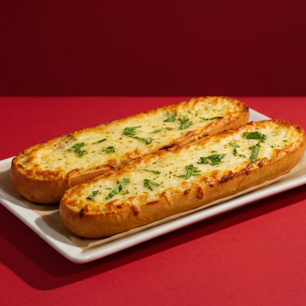 Two golden-brown garlic bread baguettes topped with melted cheese and green herbs on a white plate.