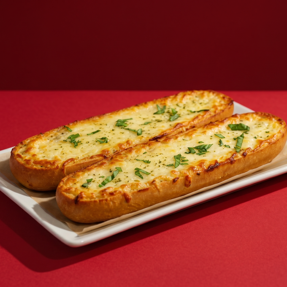 Two golden-brown garlic bread baguettes topped with melted cheese and green herbs on a white plate.