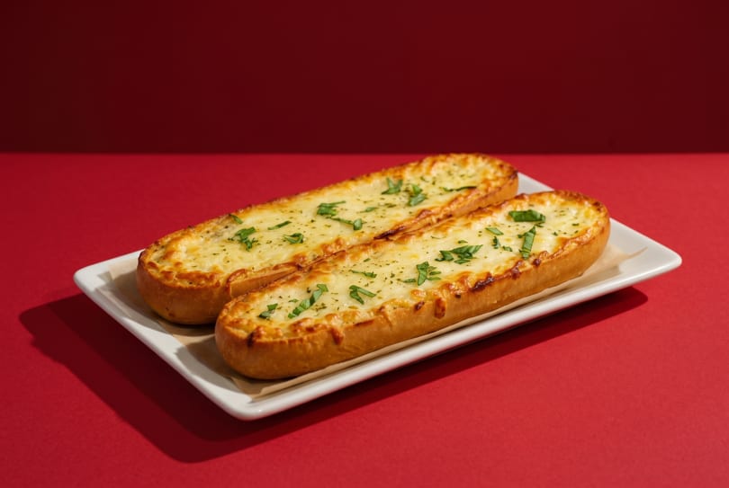 Two golden-brown garlic bread baguettes topped with melted cheese and green herbs on a white plate.