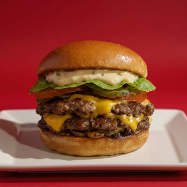 Double cheeseburger with lettuce, tomato, pickles, and sauce on a white plate against a red background.
