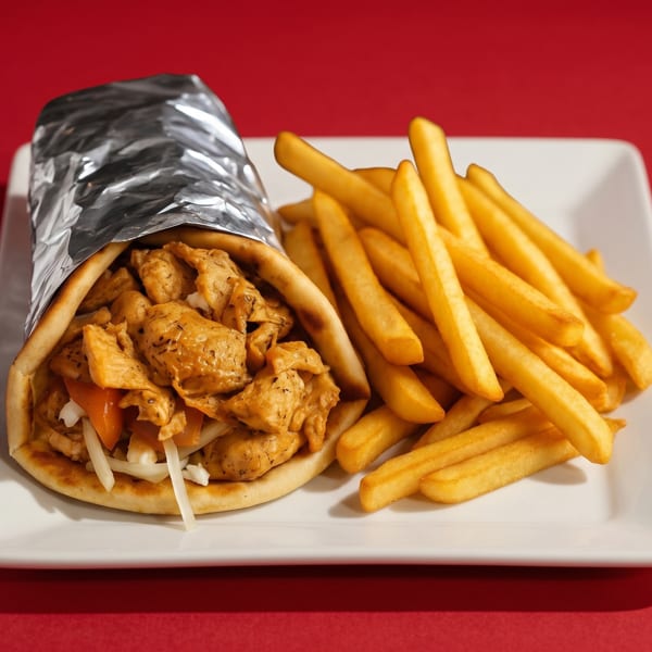 Chicken gyro wrapped in foil with a side of golden french fries on a white plate.