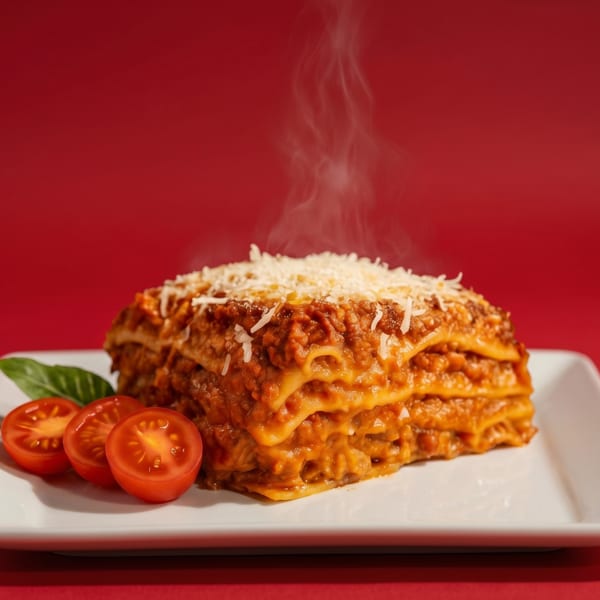 Steaming hot lasagna with grated cheese, basil, and sliced tomatoes on a white plate.